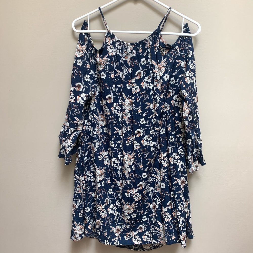 Lush Cold Shoulder Long Sleeve Navy Floral Dress